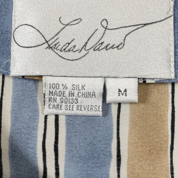 Linda David 100% Silk Stripe Tunic Blue Tan Medium - Picture 4 of 7